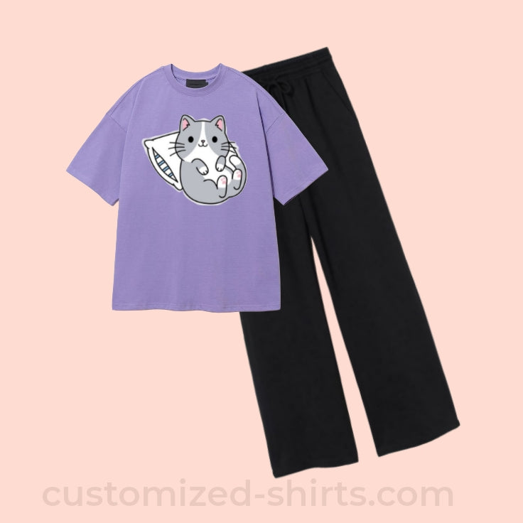 LOVELY-CAT TEE & WIDE LEG TROUSER