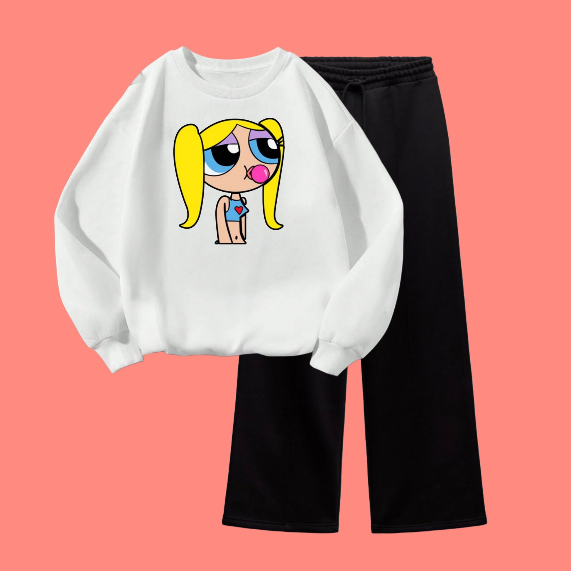 CUTE GIRL SWEATSHIRT WITH BLACK WIDE LEG TROUSER