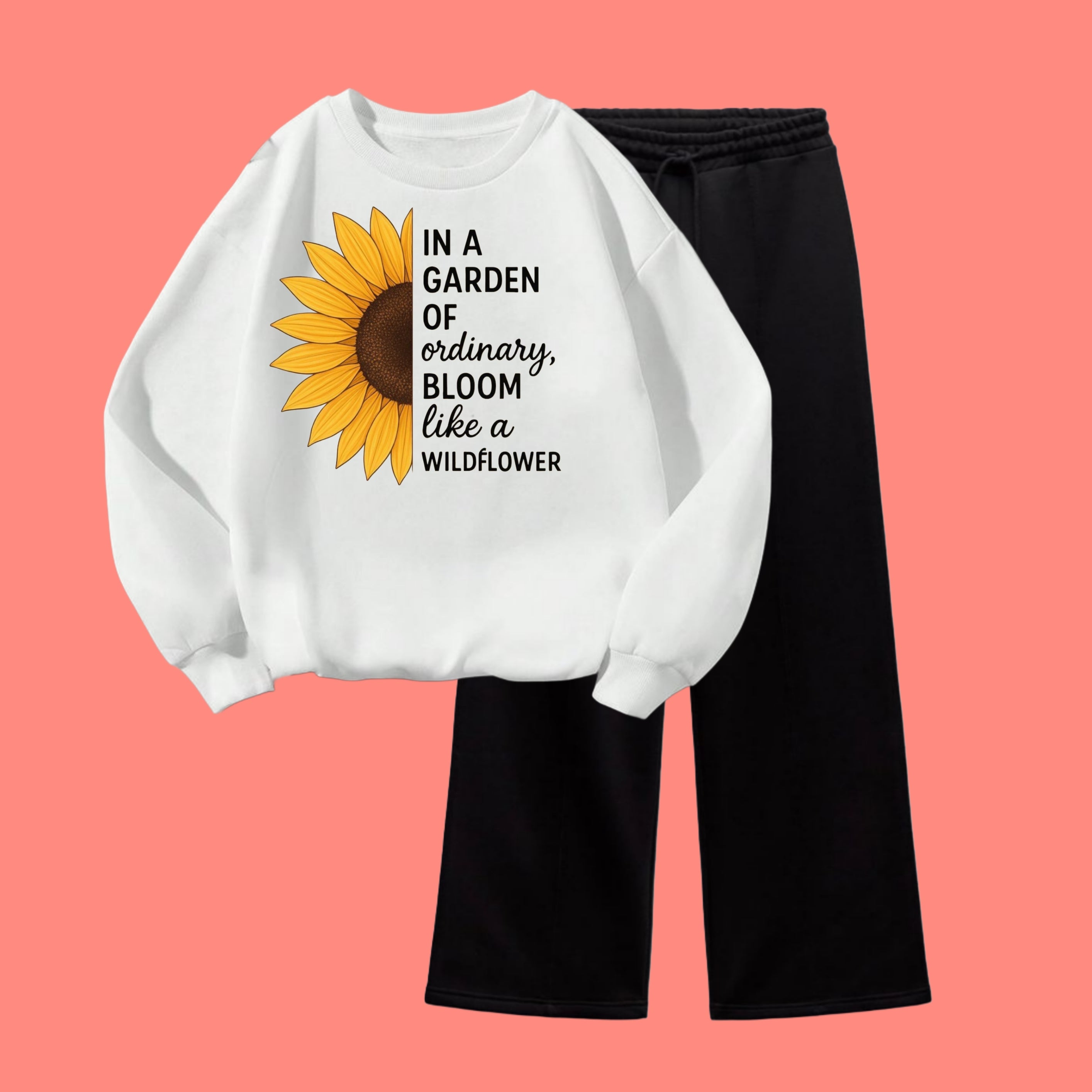 SUNFLOWER SWEATSHIRT WITH BLACK WIDE LEG TROUSER