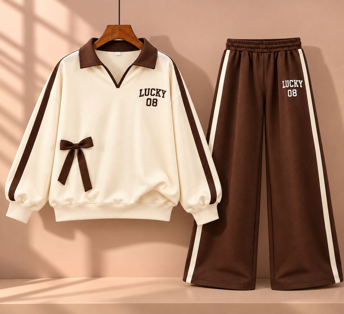 Lucky 08 Premium Fleece Co-Ord Set – Cream & Brown