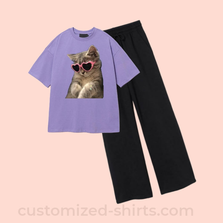 CUTE-CAT TEE & WIDE LEG TROUSER