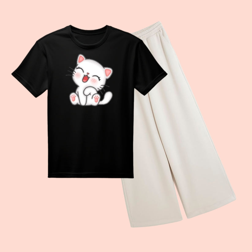 CUTE-CAT TEE & WIDE LEG TROUSER