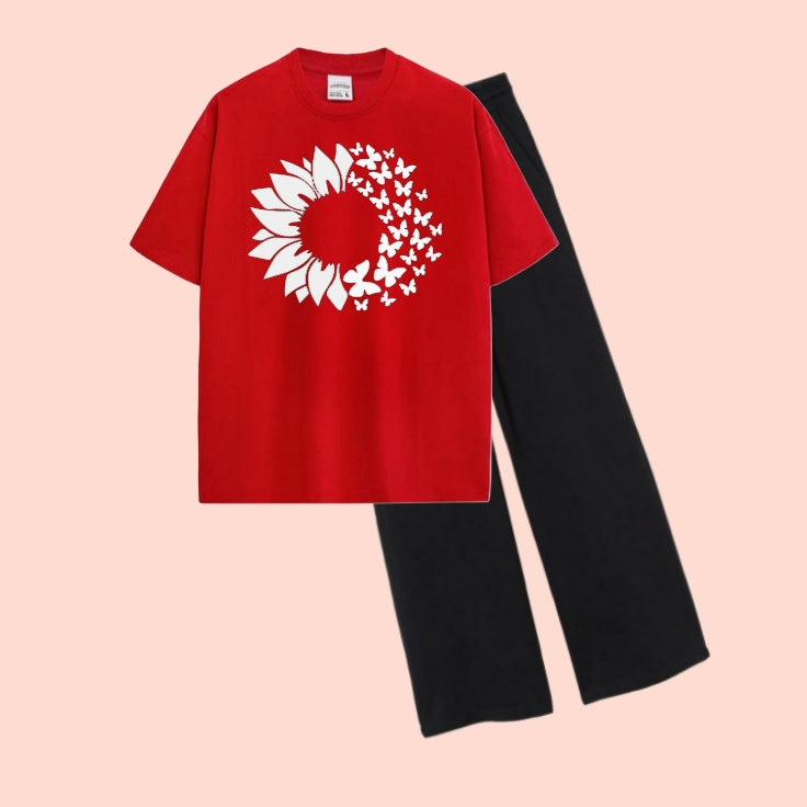 FLOWER-TEE & WIDE LEG TROUSER