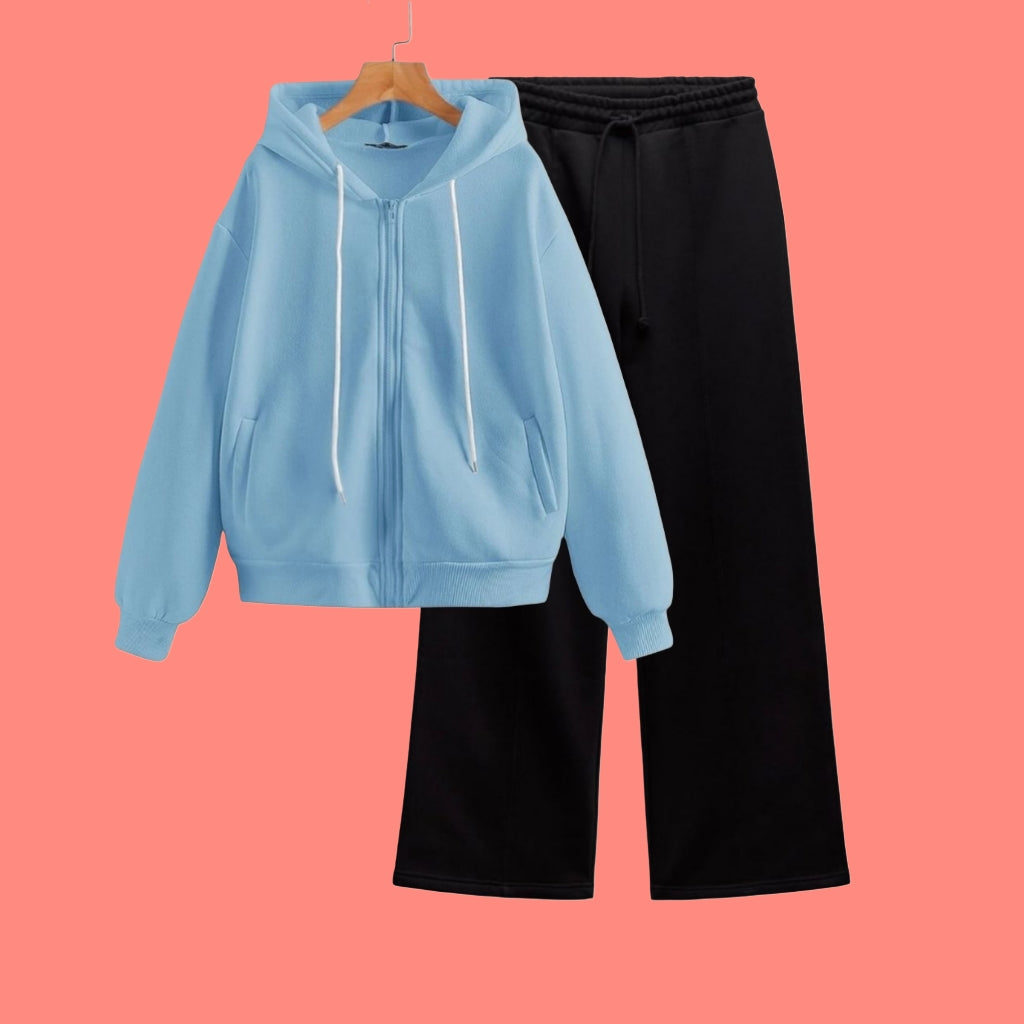 SKY-BLUE ZIPPER WITH BLACK WIDE LEG TROUSER
