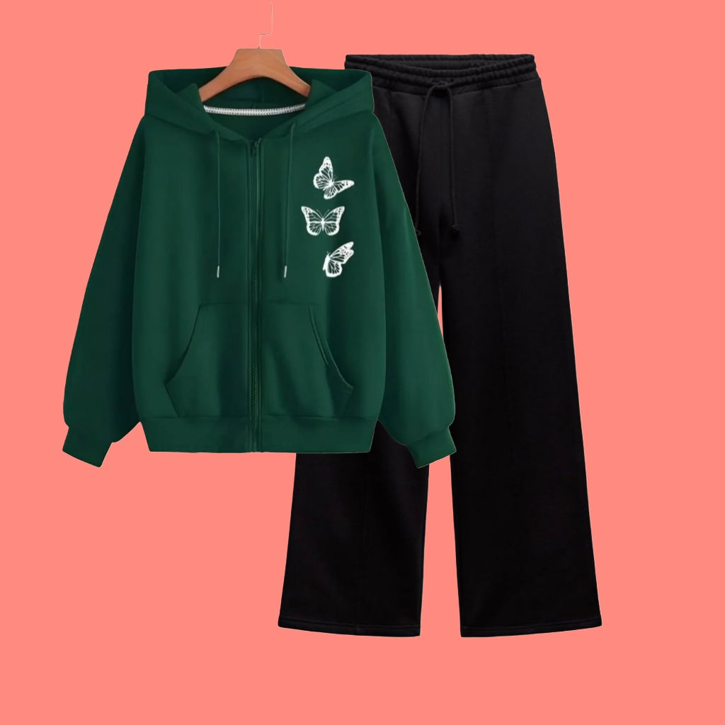 BOTTLE GREEN ZIPPER WITH BLACK WIDE LEG TROUSER