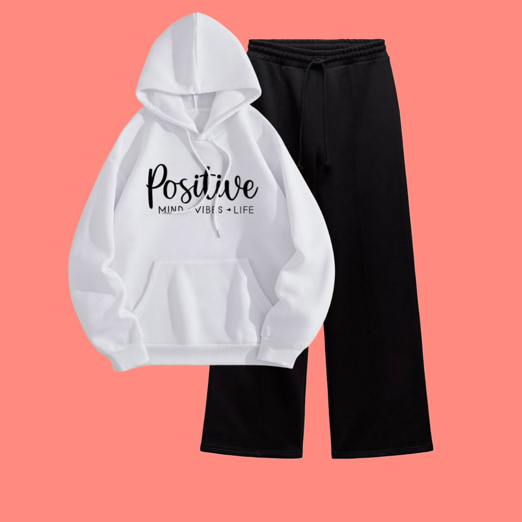 WHITE HOODIE WITH BLACK WIDE LEG TROUSER