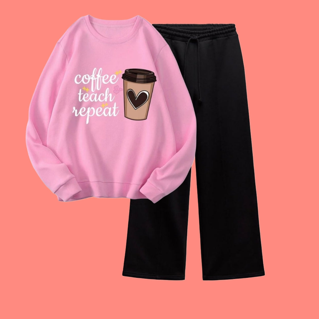 BABY-PINK SWEATSHIRT WITH BLACK WIDE LEG TROUSER