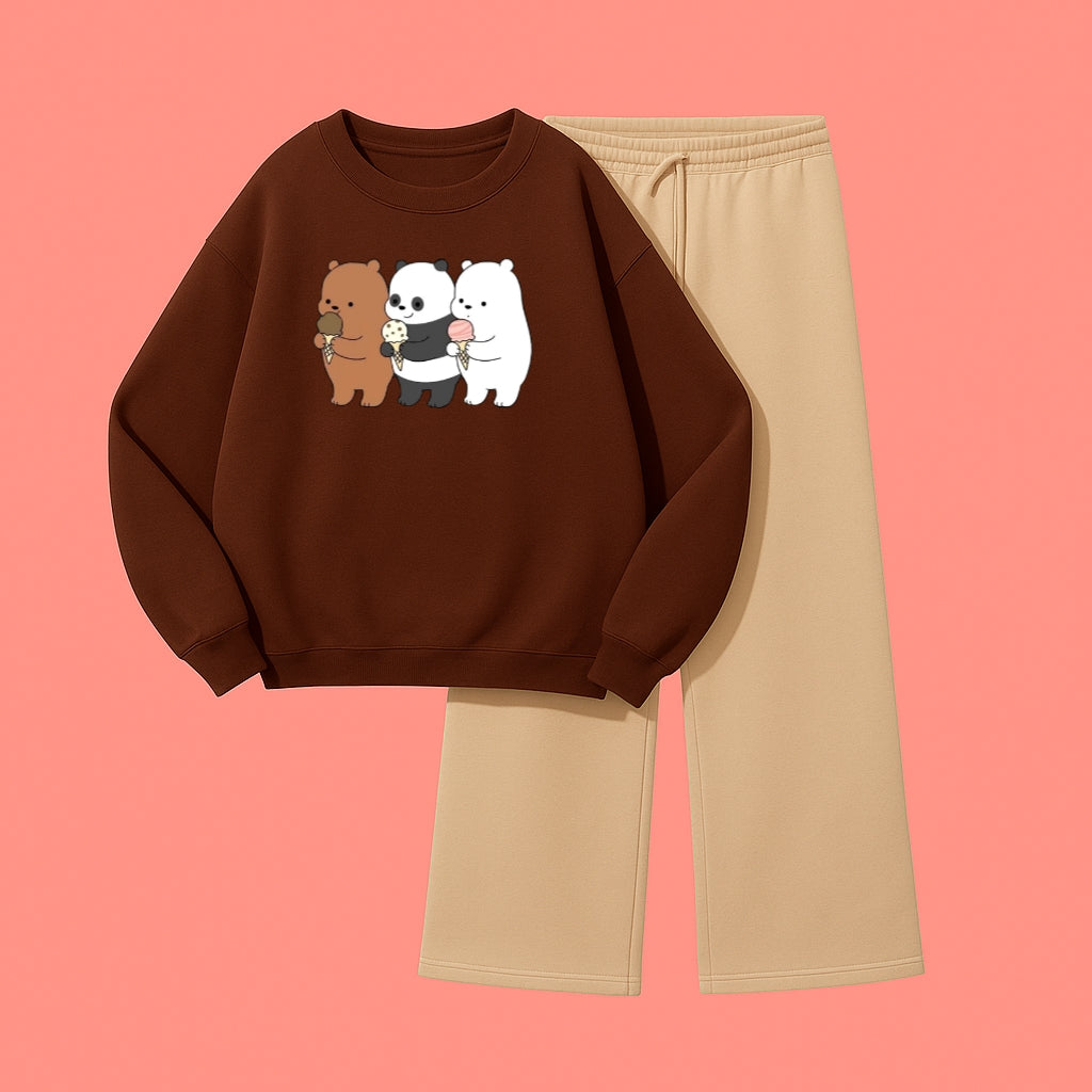 BEARS SWEATSHIRT WITH BEIGE WIDE LEG TROUSER