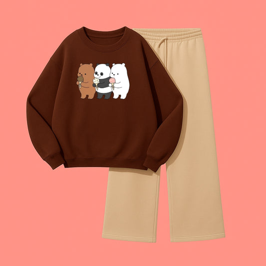 BEARS SWEATSHIRT WITH BEIGE WIDE LEG TROUSER