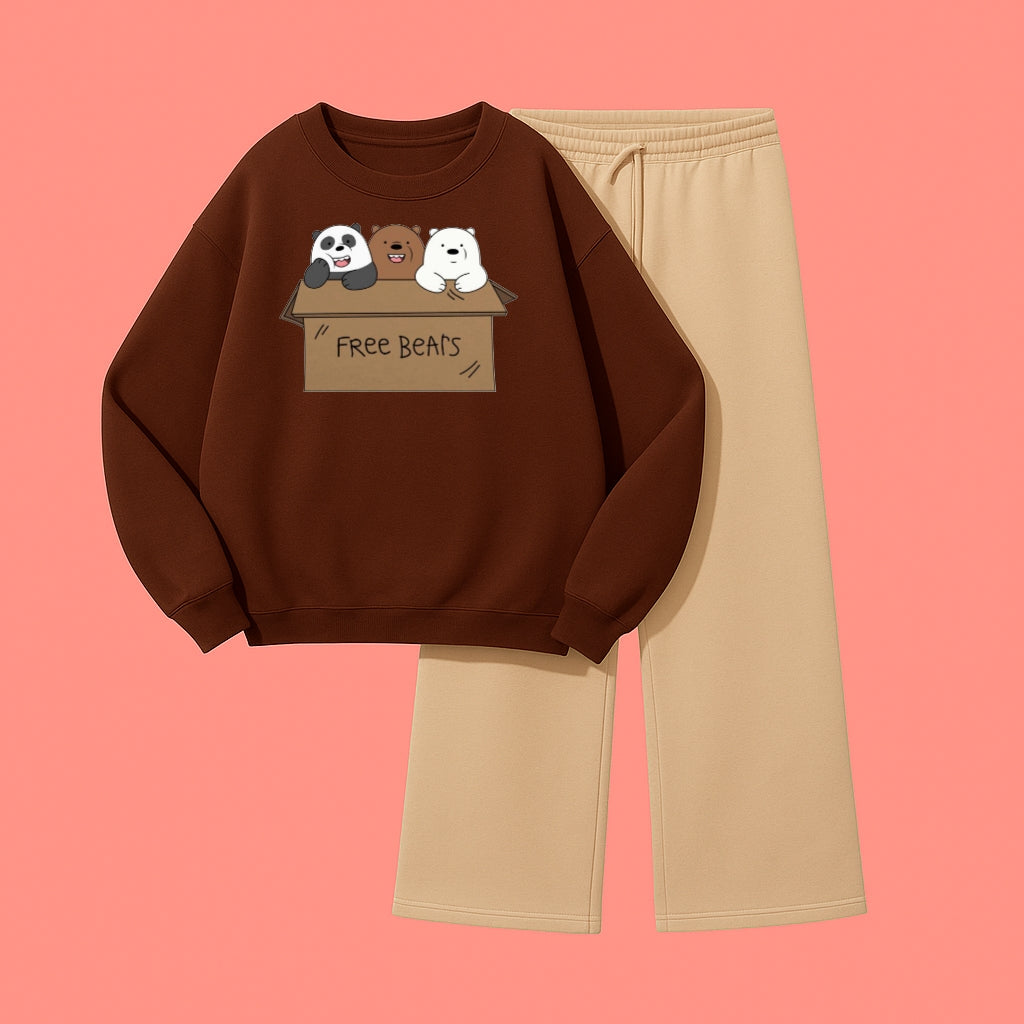 FREE BEARS SWEATSHIRT WITH BEIGE WIDE LEG TROUSER
