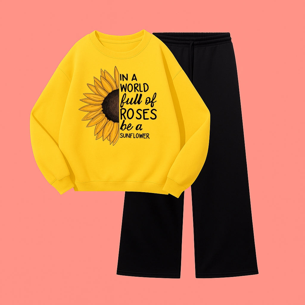 SUNFLOWER SWEATSHIRT WITH BLACK WIDE LEG TROUSER