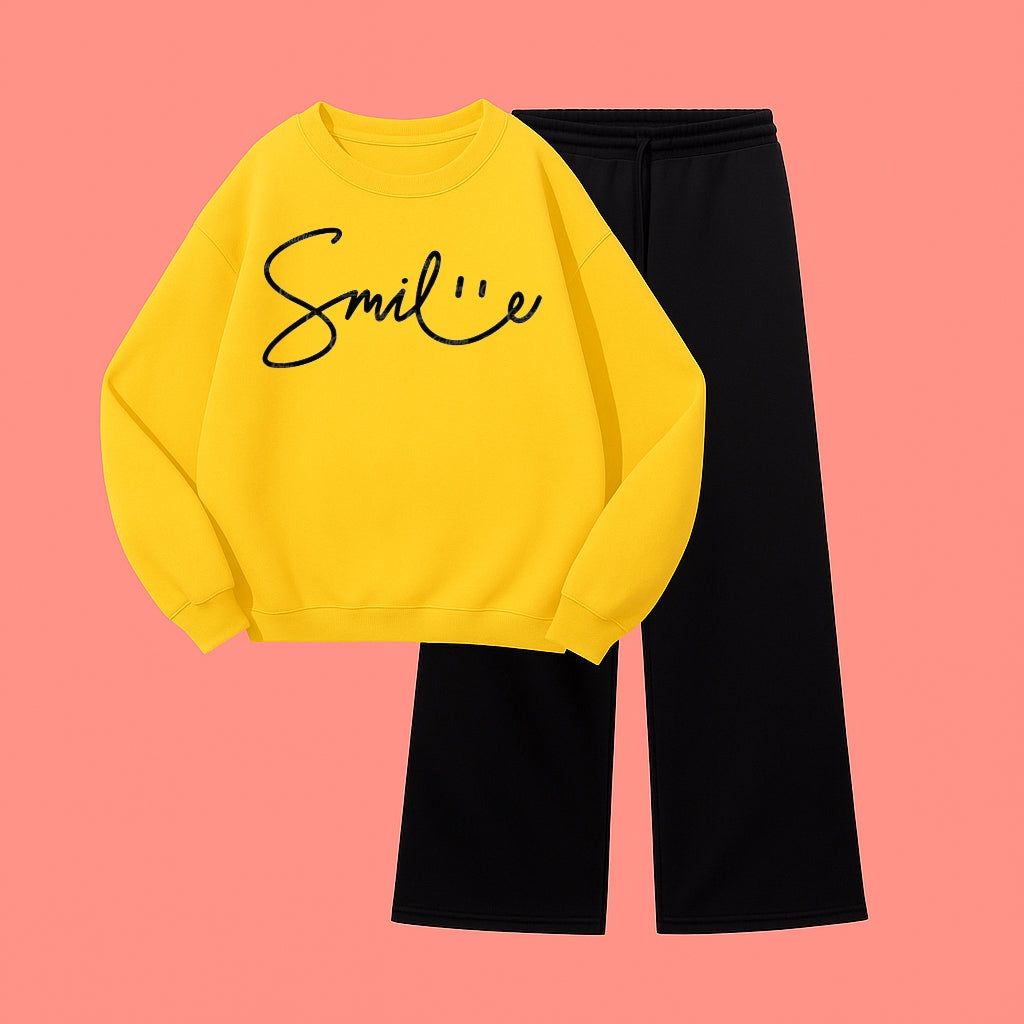 SMILE SWEATSHIRT WITH BLACK WIDE LEG TROUSER