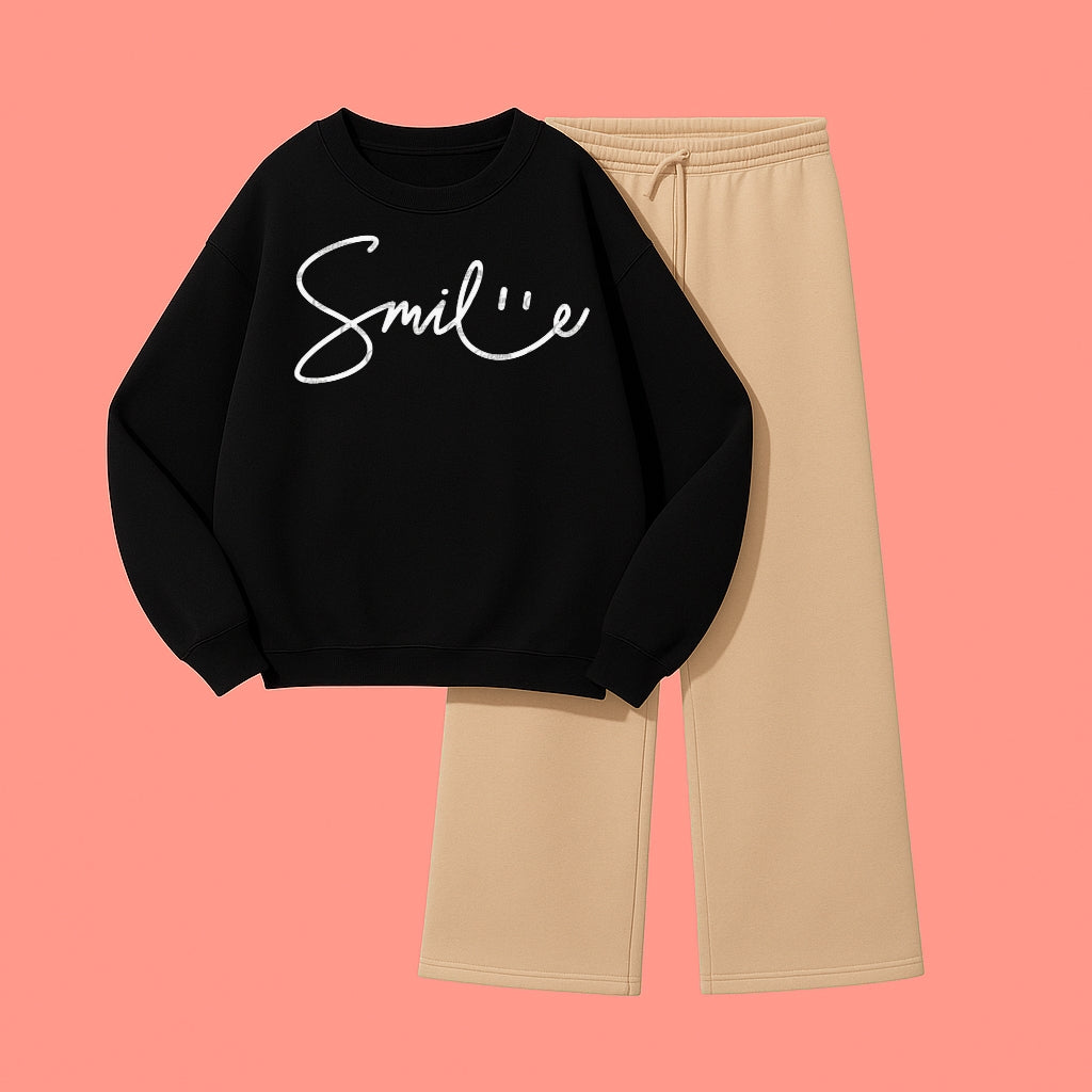 SMILE SWEATSHIRT WITH BEIGE WIDE LEG TROUSER