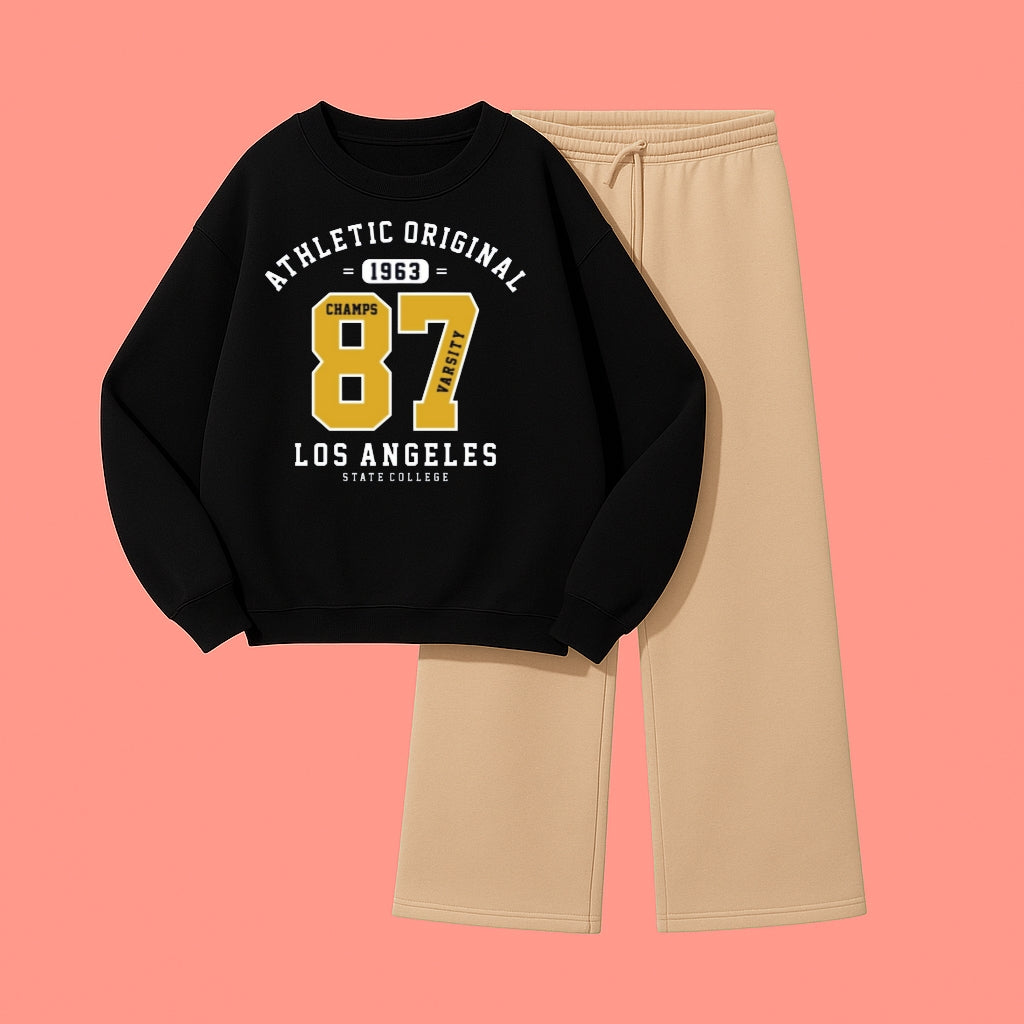 ATHELETIC SWEATSHIRT WITH BLACK WIDE LEG TROUSER