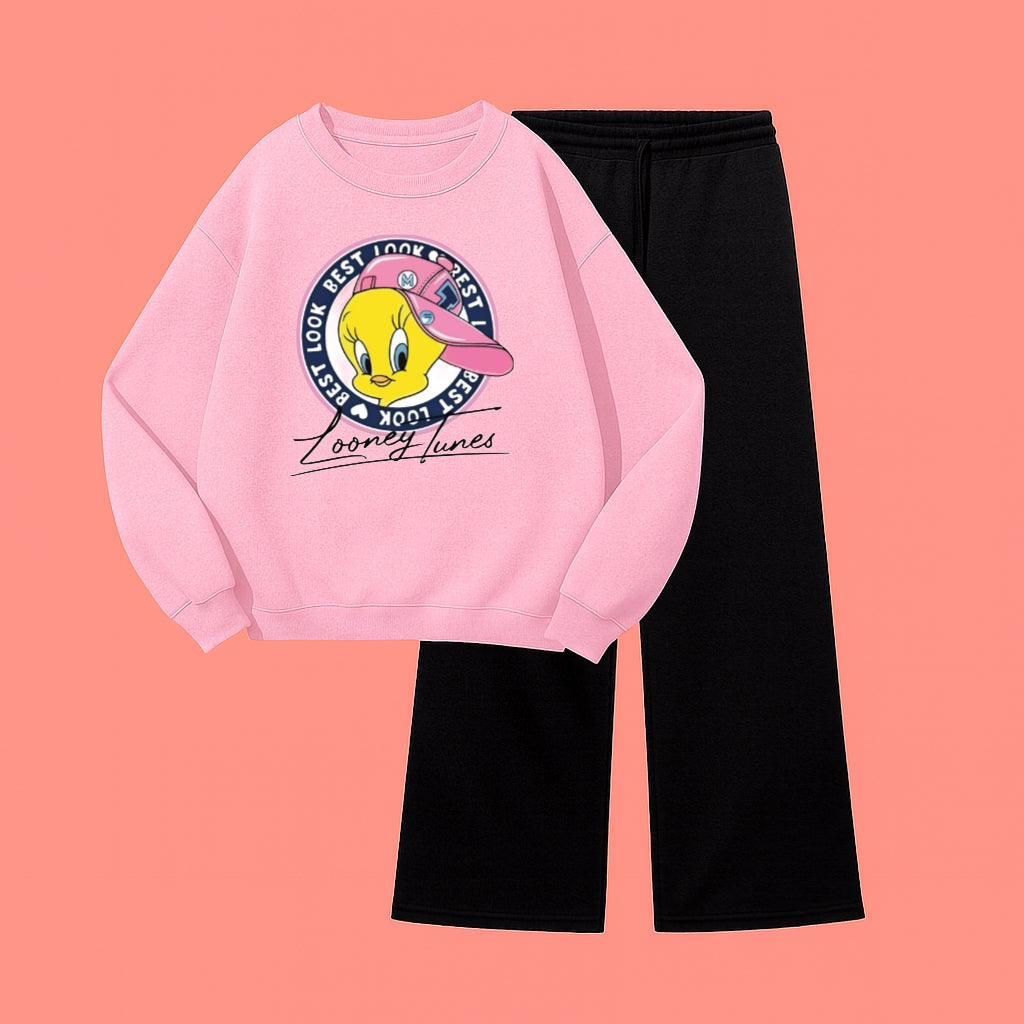 TWEETY SWEATSHIRT WITH BLACK WIDE LEG TROUSER