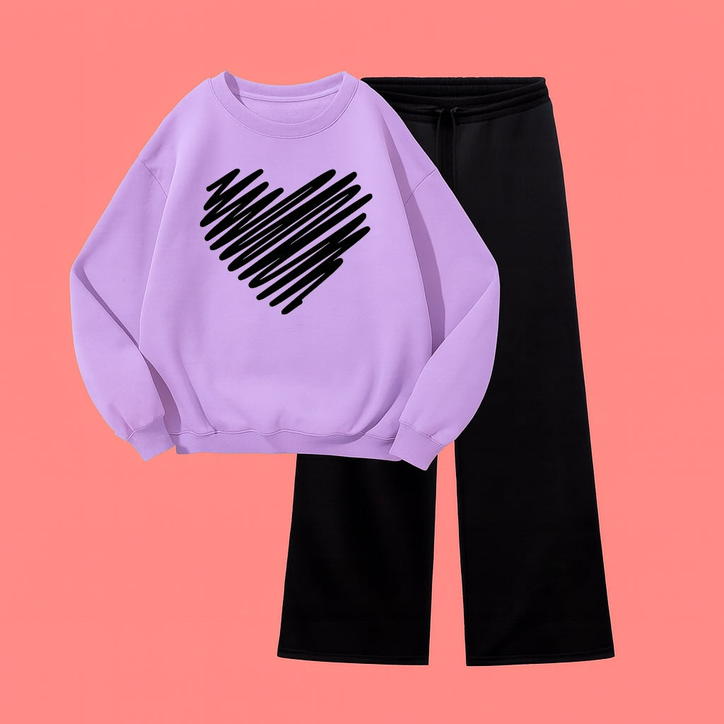 HEART SWEATSHIRT WITH BLACK WIDE LEG TROUSER