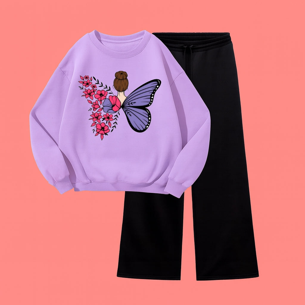BUTTERFLY SWEATSHIRT WITH BLACK WIDE LEG TROUSER