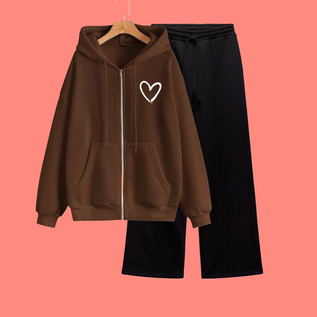 BROWN HEART ZIPPER WITH WIDE LEG TROUSER
