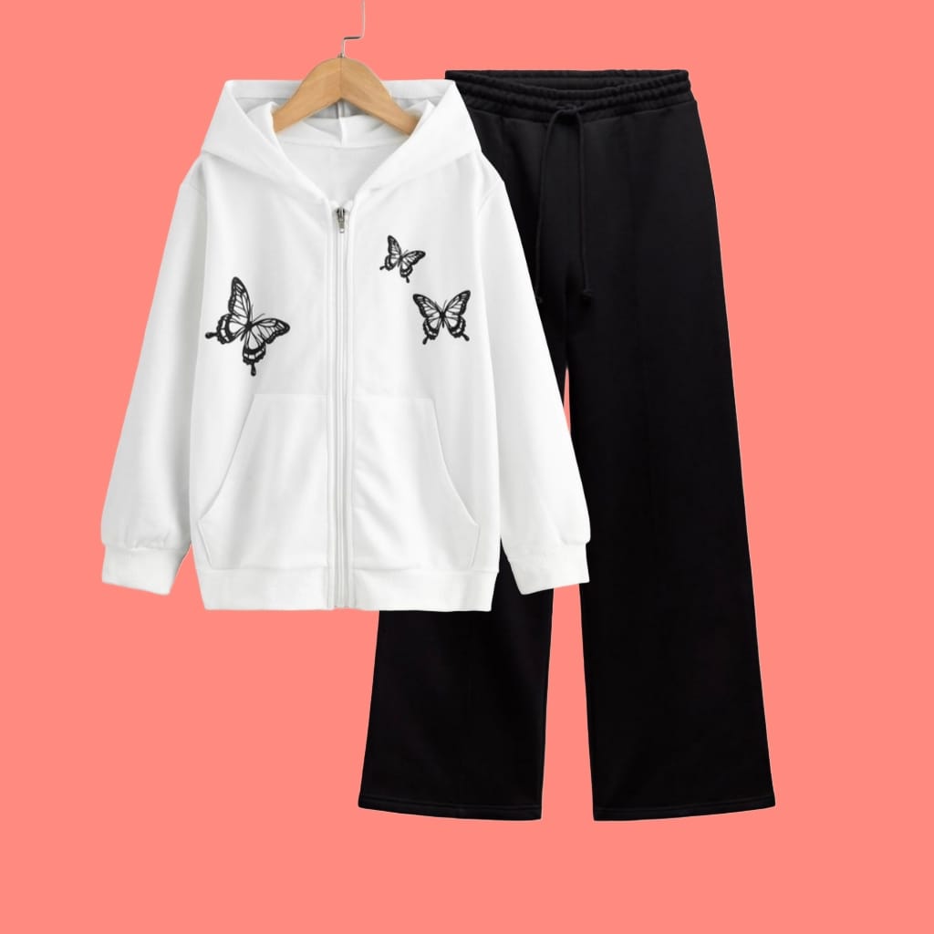 WHITE BUTTERFLY ZIPPER WITH BLACK WIDE LEG TROUSER